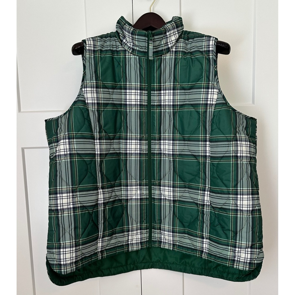 Lands End Green Plaid Quilted Puffer Vest Womens 3X 24W-26W Full Zip Mock Neck